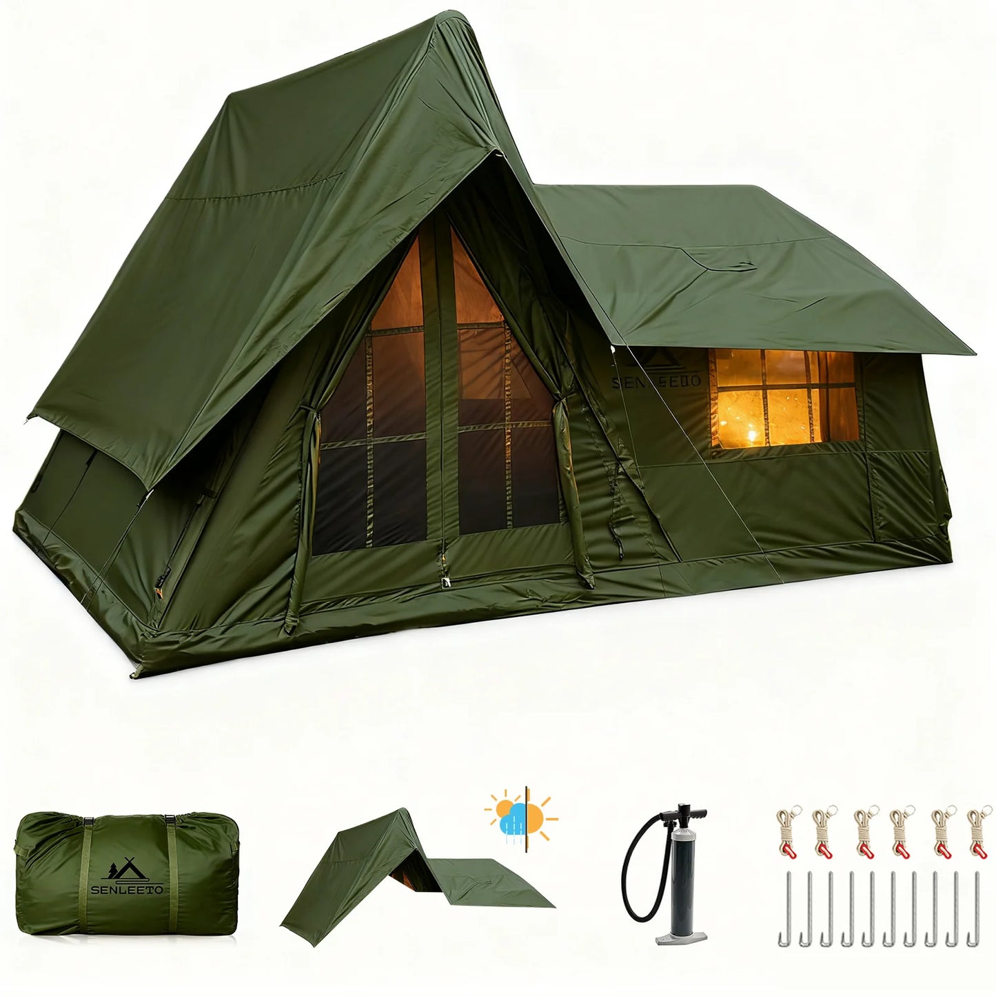 6-8 Person Large Inflatable Camping Tent, 4 Season Blow Up Tents with Rainfly, Luxury Inflatable Tent House with Stove Jack
