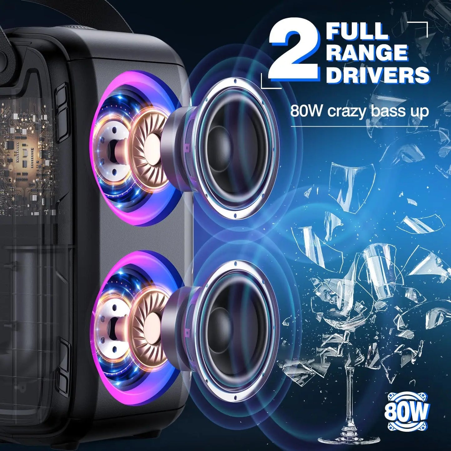 W-KING 80W RMS Party Portable Speakers Bluetooth Wireless Boombox/4 Drivers(2*4.04'' Woofer), Huge 105dB Sound Large Speaker