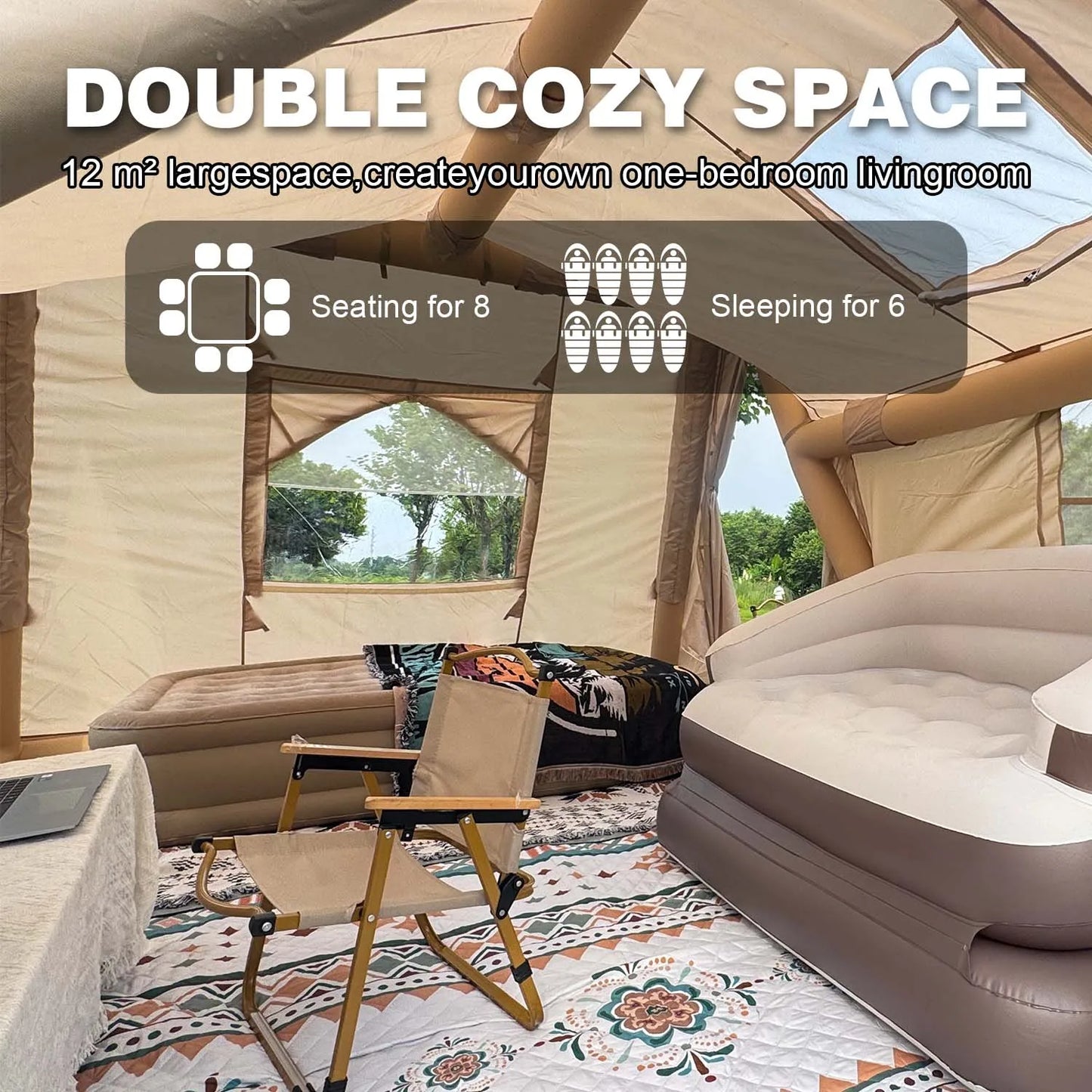 6-8 Person Large Inflatable Camping Tent, 4 Season Blow Up Tents with Rainfly, Luxury Inflatable Tent House with Stove Jack