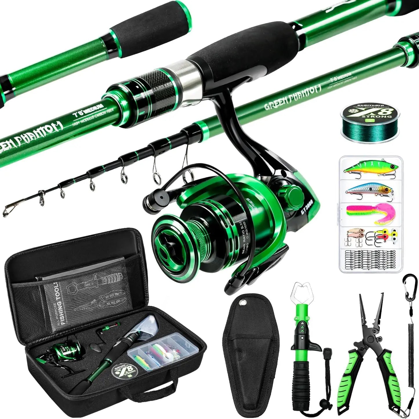 Fishing Rod and Reel Combo, Graphite Telescoping Fishing Pole Collapsible Portable Travel Kit with Carrier Bag