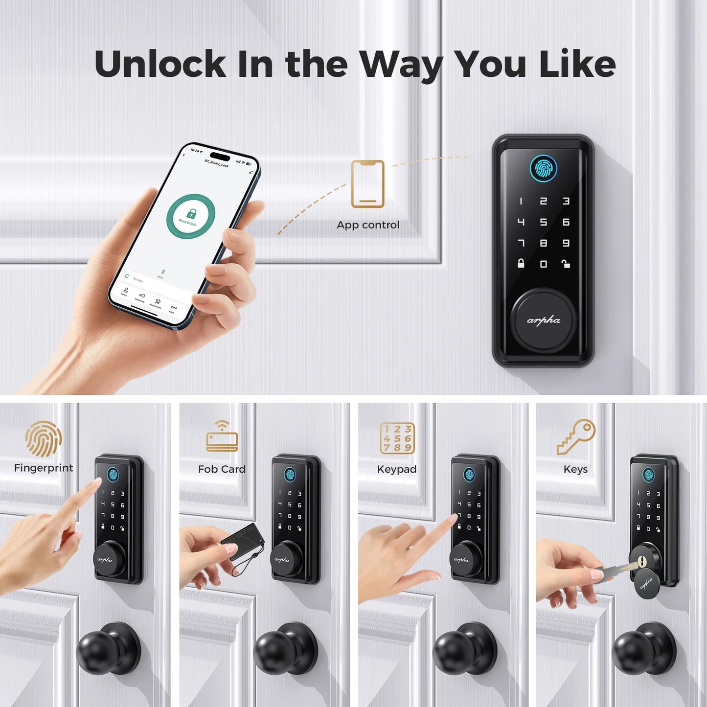 Arpha Smart Lock D601K Keyless Entry Door Lock Deadbolt with Handle Set Waterproof 5-in-1 Fingerprint Keyless Entry Door Lock