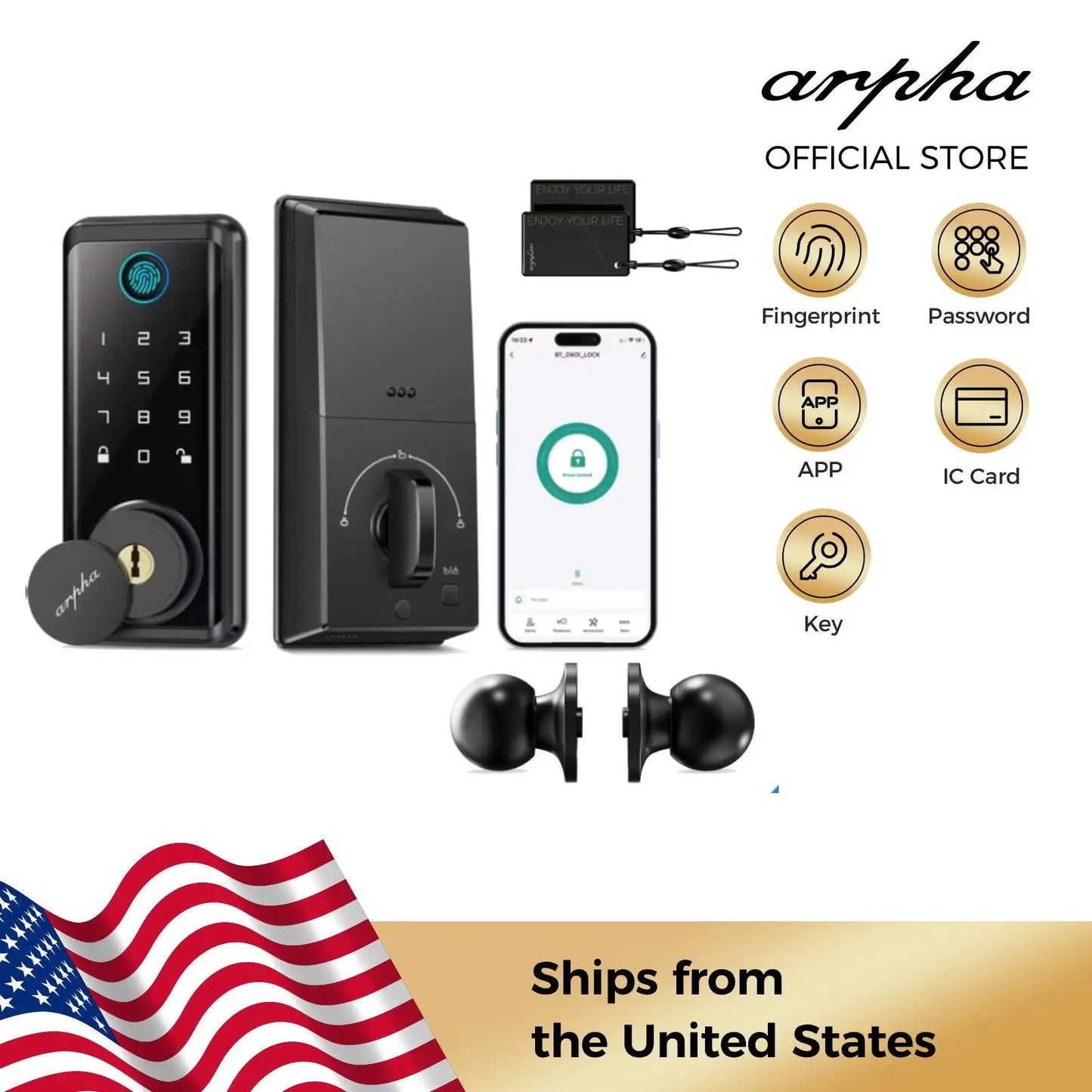 Arpha Smart Lock D601K Keyless Entry Door Lock Deadbolt with Handle Set Waterproof 5-in-1 Fingerprint Keyless Entry Door Lock