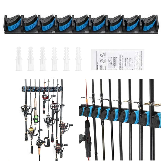 Wall Mounted Fishing Pole Holder Vertical and Horizontal Fishing Rod Storage Hanging Bracket Display Hanger for Storing 9 Rods