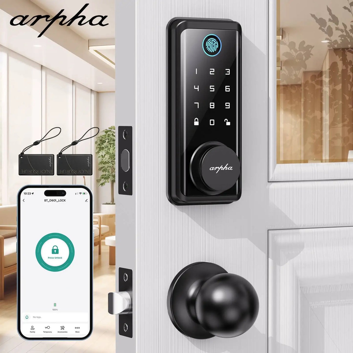 Arpha Smart Lock D601K Keyless Entry Door Lock Deadbolt with Handle Set Waterproof 5-in-1 Fingerprint Keyless Entry Door Lock