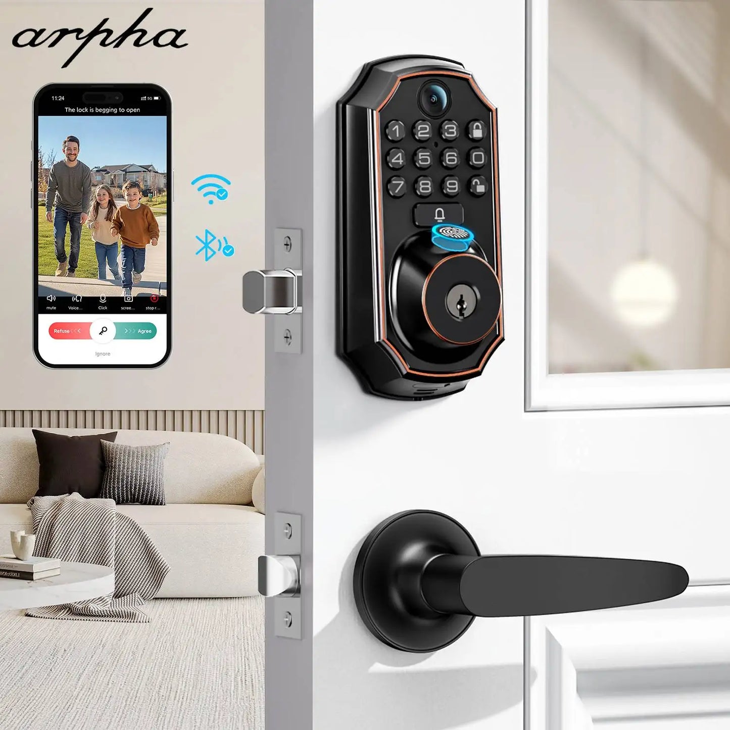 ARPHA Smart Lock D289L Set WiFi Video Smart Lock with Camera & Doorbell 5-in-1 Keyless Entry Fingerprint Door Lock Two-Way Audio