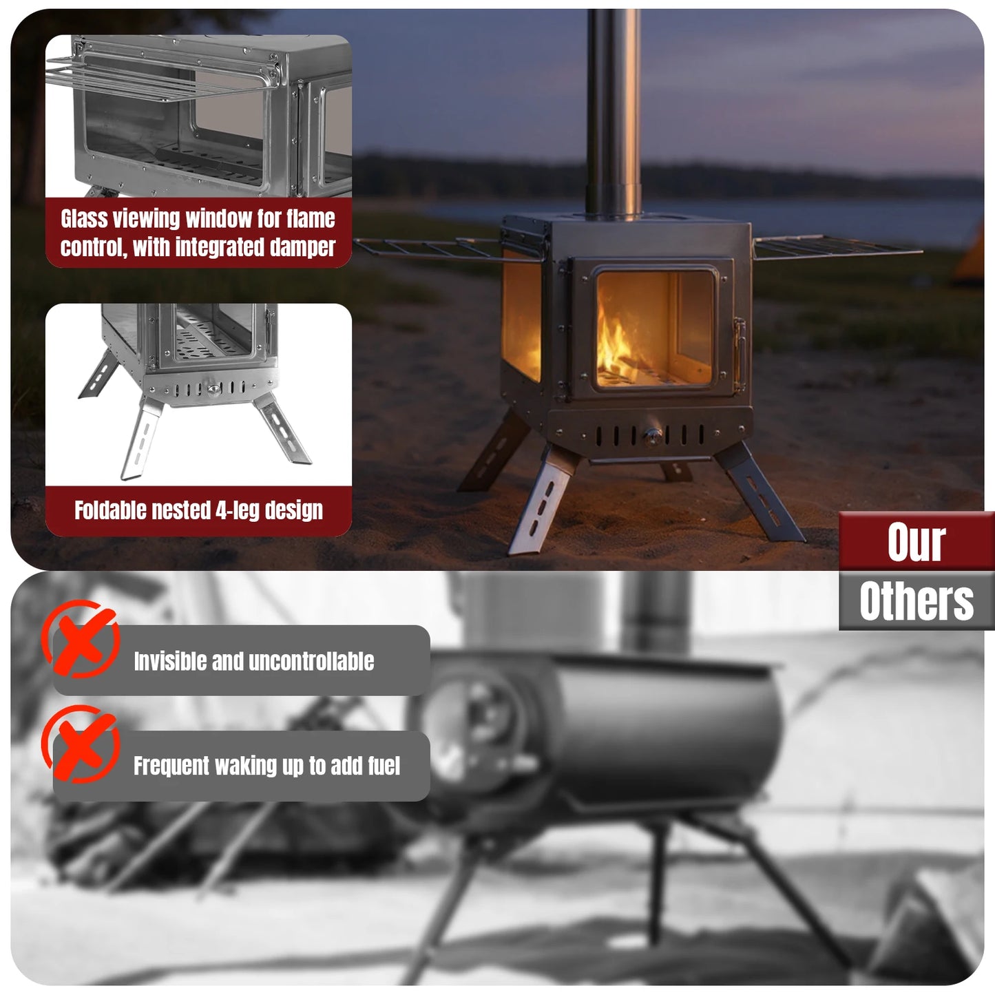 Outdoor Tent Firewood Stove with Chimney Pipe Camping Heating Stove Large Stainless Steel Stove Outdoor Cooking Barbecue Heating