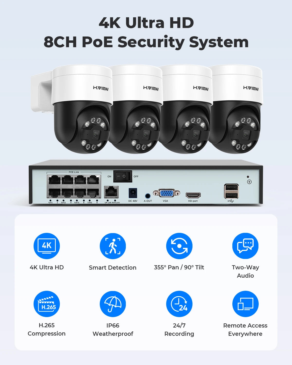 H.view 8Ch 4K 5MP 8MP Cctv Security Camera System Ptz Home Video Surveillance Kit Outdoor Ip Camera Humanoid Detection