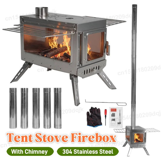 Outdoor Tent Firewood Stove with Chimney Pipe Camping Heating Stove Large Stainless Steel Stove Outdoor Cooking Barbecue Heating