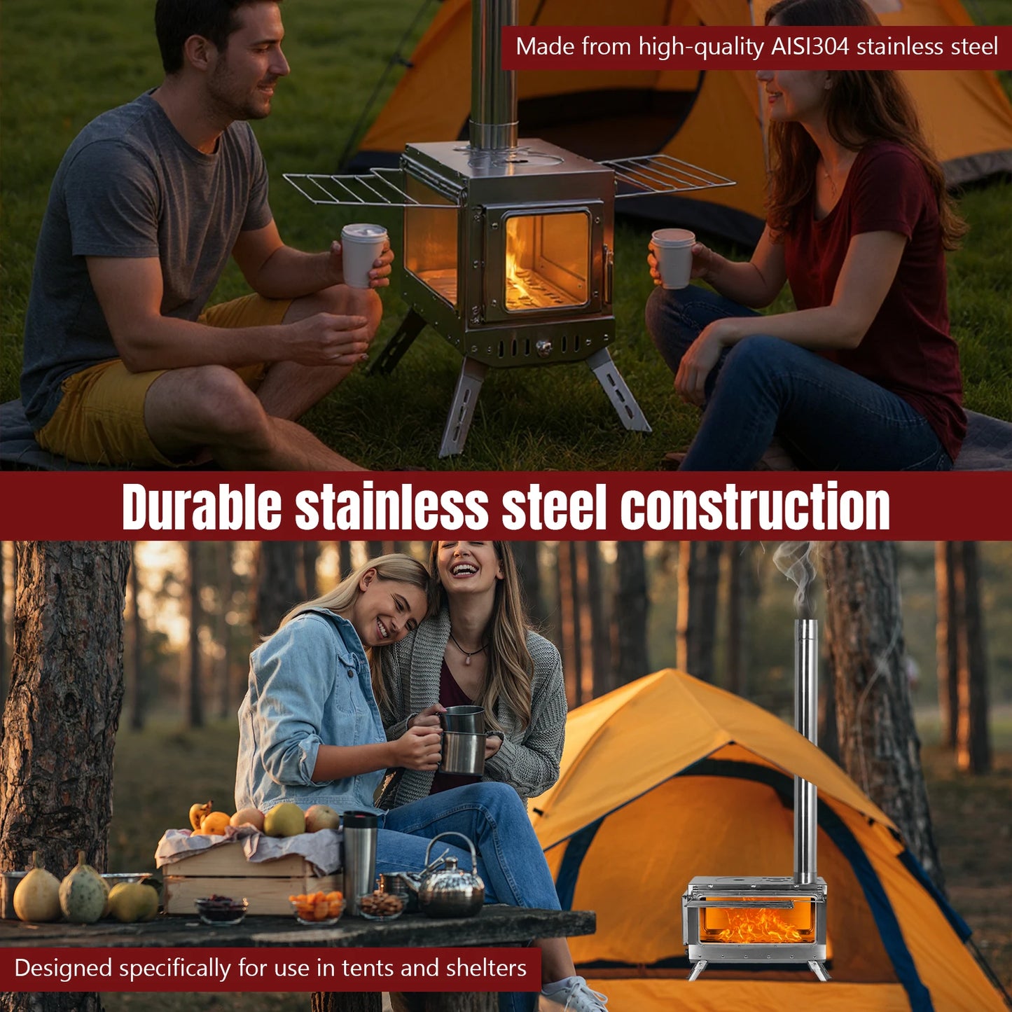 Outdoor Tent Firewood Stove with Chimney Pipe Camping Heating Stove Large Stainless Steel Stove Outdoor Cooking Barbecue Heating
