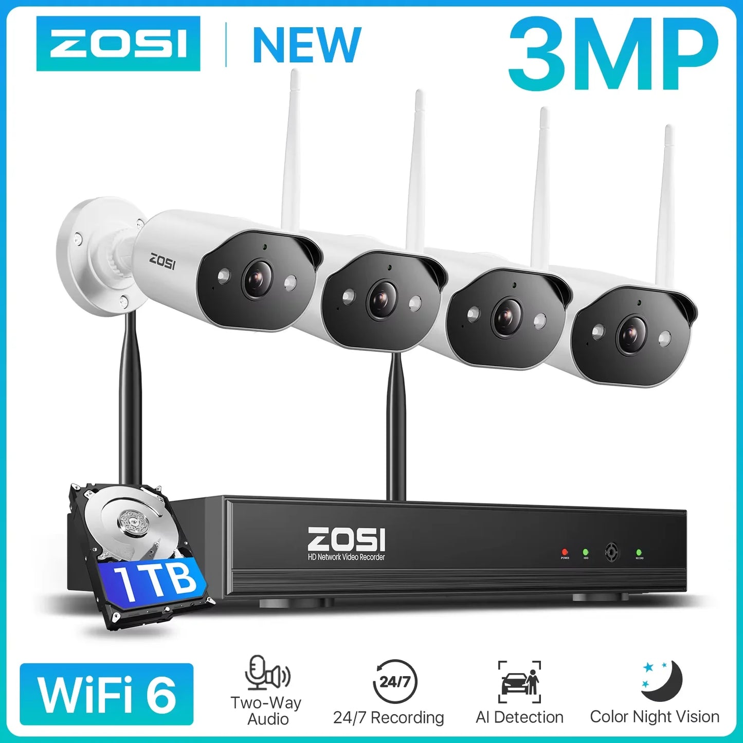 ZOSI 2K WiFi 6 Security Camera System 3MP Plug-in Wi-Fi Surveillance Cameras Indoor Outdoor 4K 8MP 8CH NVR for Home Security